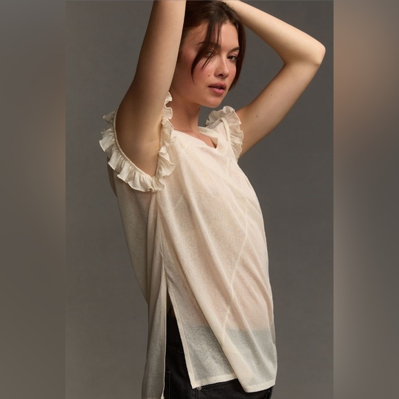 ✨ Anthropologie Short-Sleeve Spliced Ruffled Tee Sz M - Picture 3 of 5